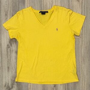 Ralph Lauren Sport Short Sleeve V-Neck Yellow T-Shirt Purple Pony Cotton Size L